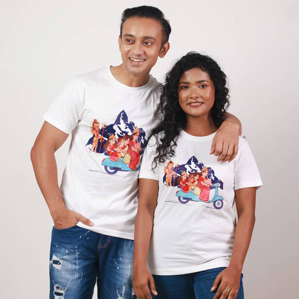 Unisex Maa Durga T Shirt featuring quirky scooter design with kids, perfect for Durga Puja celebrations in soft white cotton fabric.