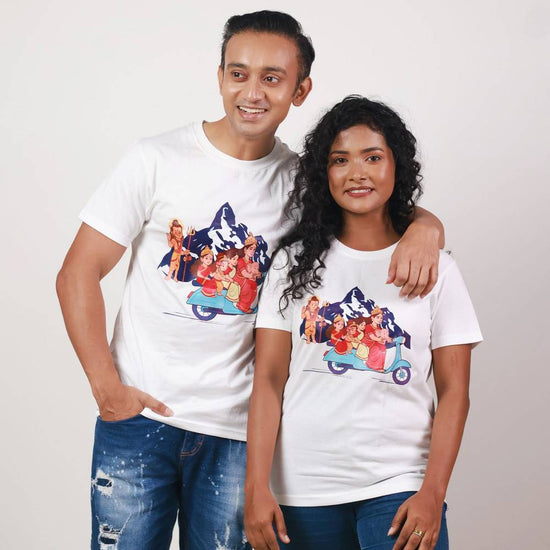 Unisex Maa Durga T Shirt featuring quirky scooter design with kids, perfect for Durga Puja celebrations in soft white cotton fabric.