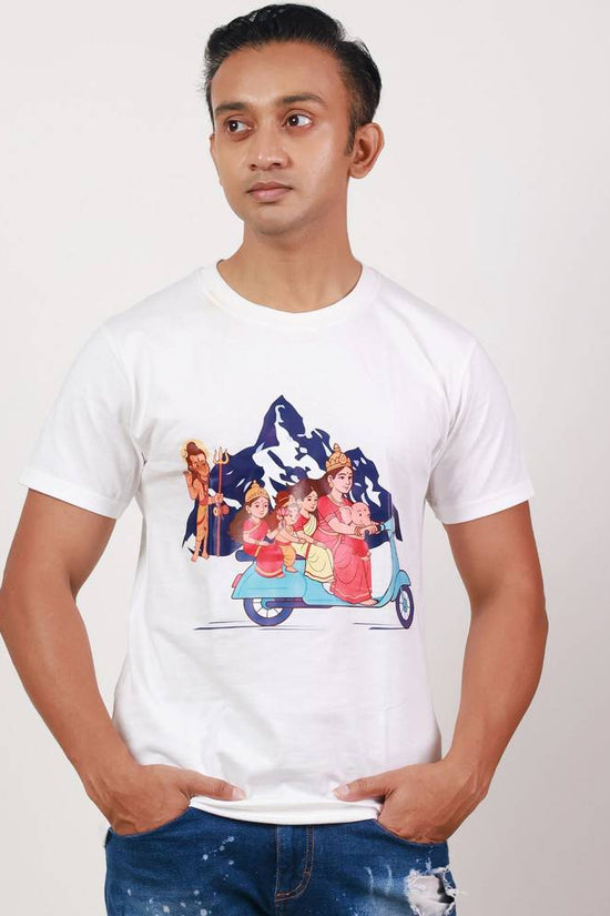 Maa Durga T Shirt - Scooting With Kids | Unisex Fit featuring a colorful print of Maa Durga riding a scooter with children, perfect for Durga Puja celebrations.