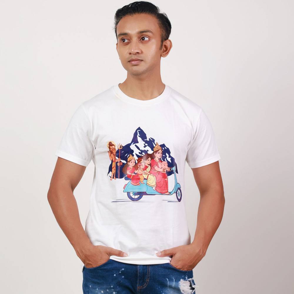 Maa Durga T Shirt - Scooting With Kids | Unisex Fit featuring a colorful print of Maa Durga riding a scooter with children, perfect for Durga Puja celebrations.