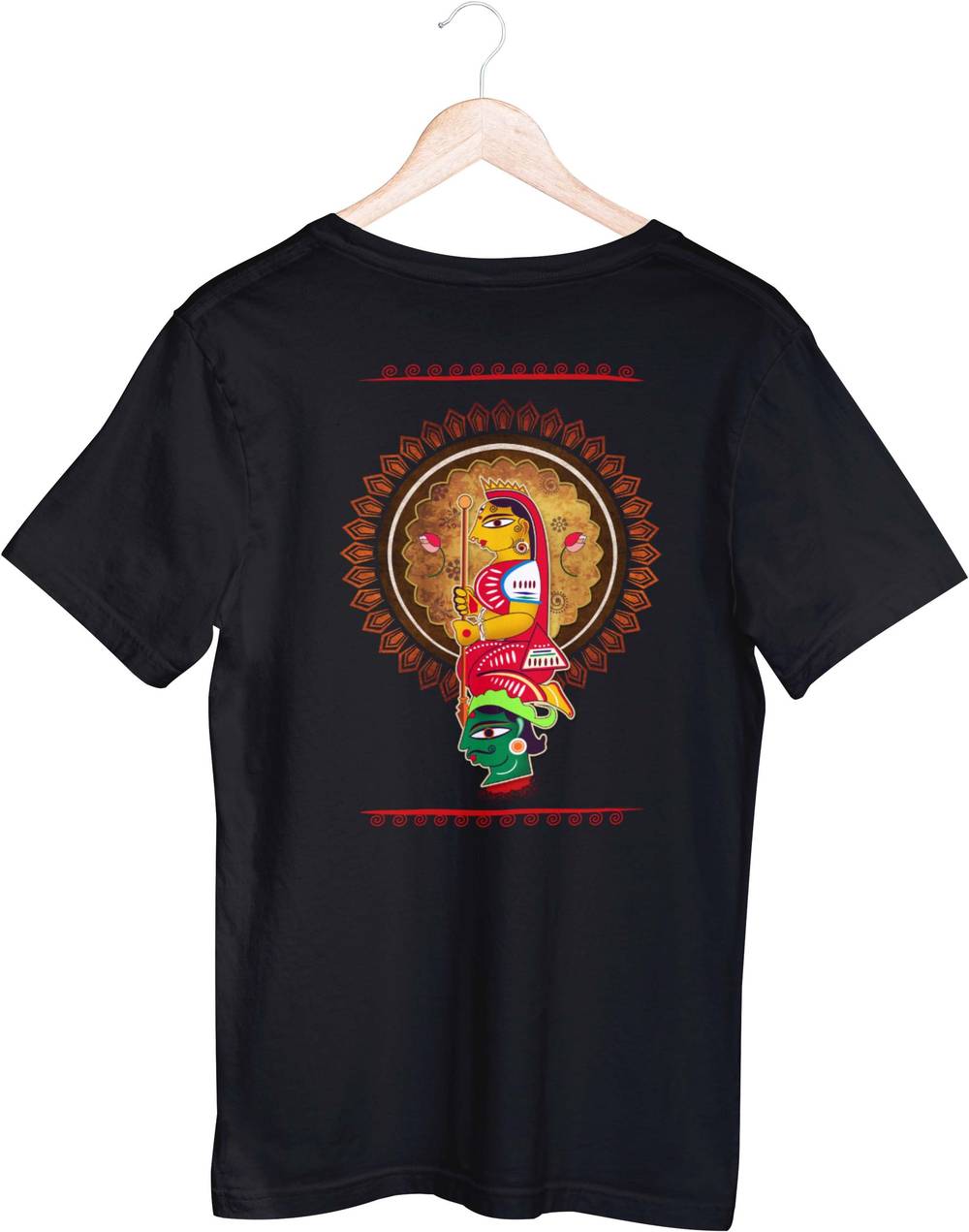 MahaGauri (Unisex T-Shirt) in black featuring a vibrant Durga artwork with traditional Bengali design, ideal for arts and sports collectibles fans.