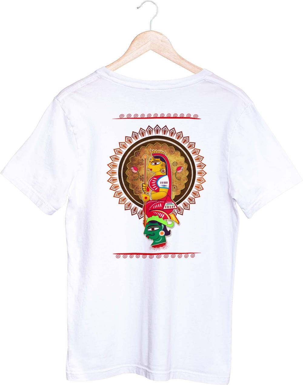 MahaGauri (Unisex T-Shirt) in white showcasing colorful Durga illustration with mandala backdrop, perfect for Bengali culture and sports fan accessories.