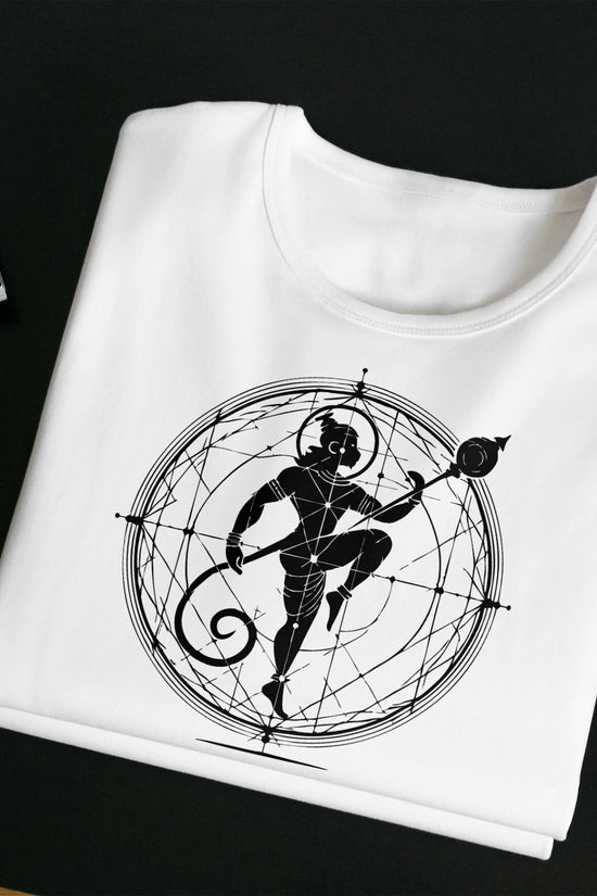Hanuman Graphic T-Shirt - Mahaveer in white cotton, featuring a bold black silhouette of Hanuman within a geometric circle design, unisex fit.