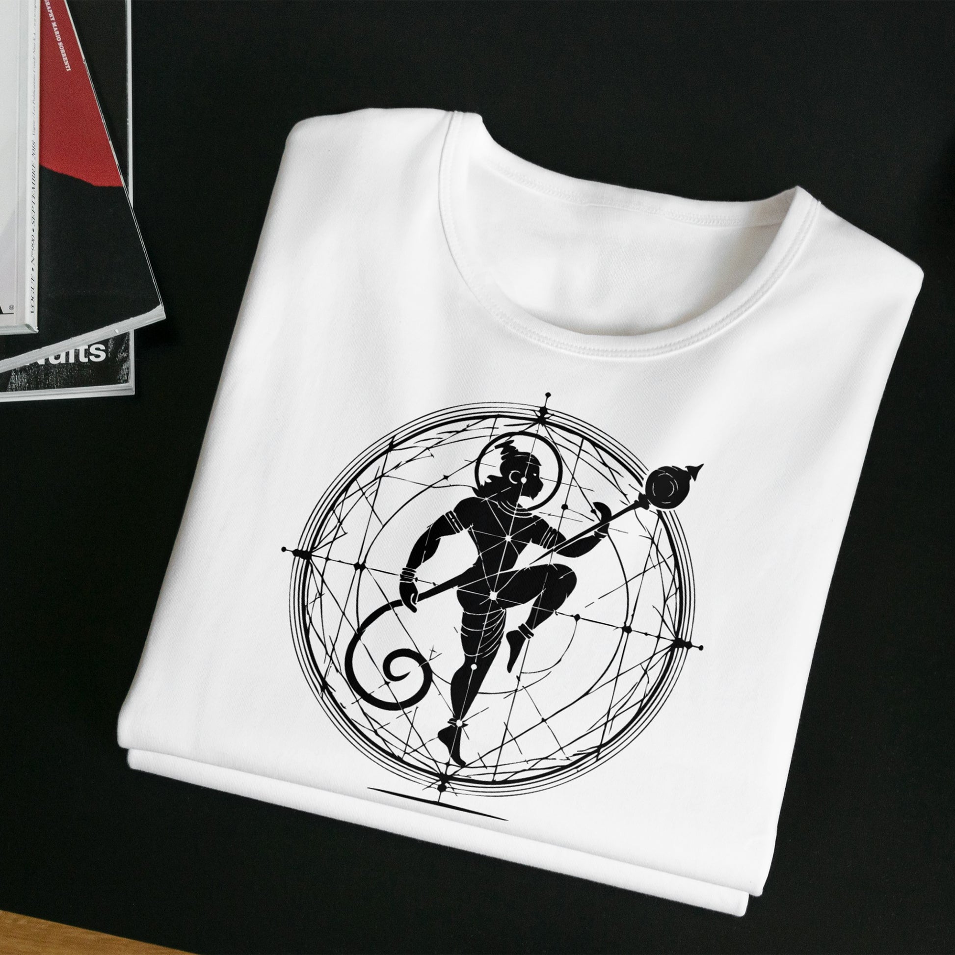 Hanuman Graphic T-Shirt - Mahaveer in white cotton, featuring a bold black silhouette of Hanuman within a geometric circle design, unisex fit.