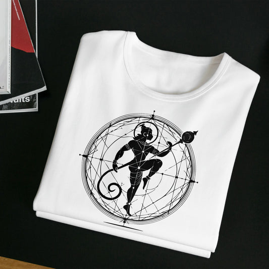 Hanuman Graphic T-Shirt - Mahaveer in white cotton, featuring a bold black silhouette of Hanuman within a geometric circle design, unisex fit.