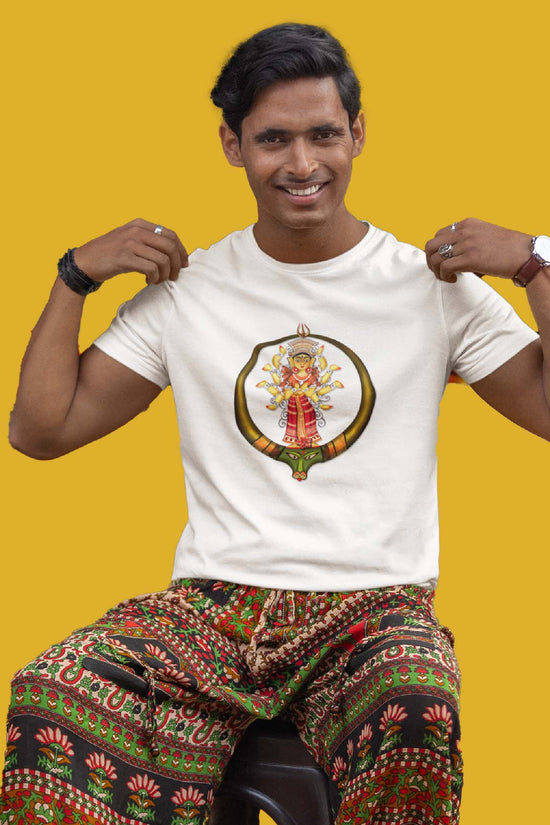 Bengali White Durga Puja T-shirt with graphic design of Goddess Parvati's avatar, ideal for spiritual and cultural celebrations