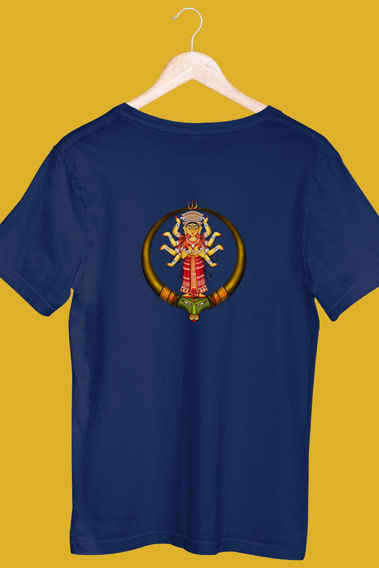 Bengali Blue Durga Puja T-shirt with graphic design of Goddess Parvati's avatar, ideal for spiritual and cultural celebrations