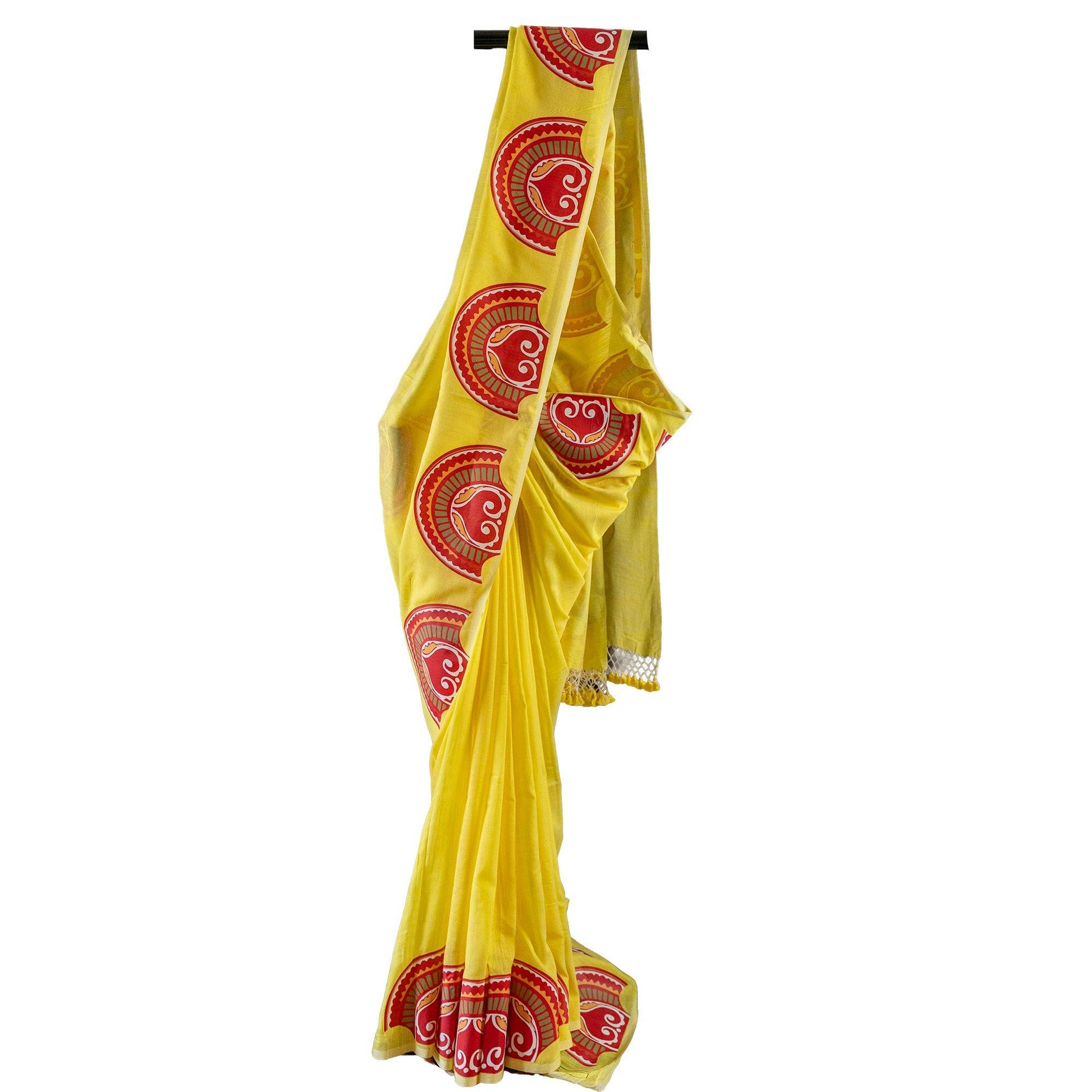 Sringer yellow khadi cotton saree with red circular Patachitra prints, perfect for traditional and festive occasions.