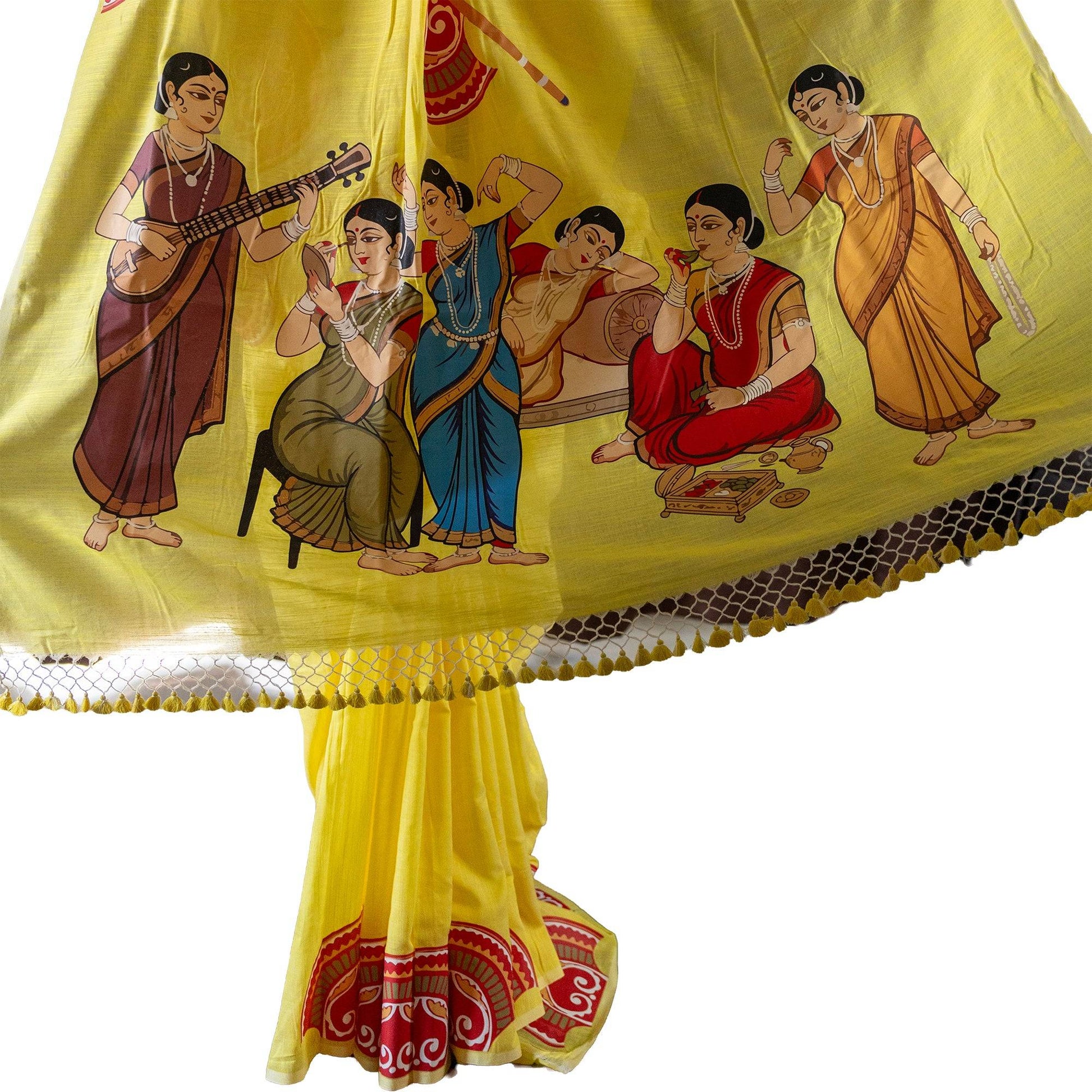 Mahila Mahal Bengali Folk Art Printed Khadi Cotton Saree in yellow with Kalighat Patachitra women motifs, ideal for cultural wear.