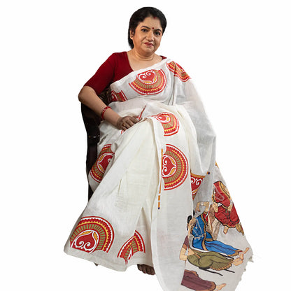 Mahila Mahal Saree — Kalighat Folk Art on White Linen Cotton | Wearable Bengali Heritage