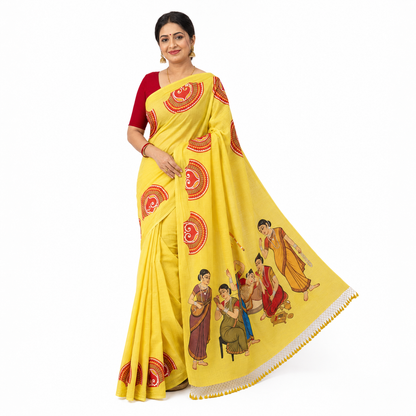 Mahila Mahal Saree — Kalighat Folk Art on Handloom Khadi Cotton |  Wearable Bengali Heritage