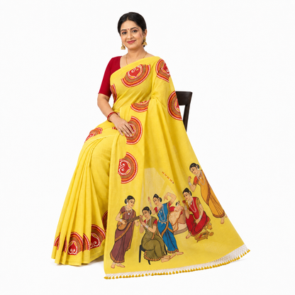 Mahila Mahal Saree — Kalighat Folk Art on Handloom Khadi Cotton |  Wearable Bengali Heritage