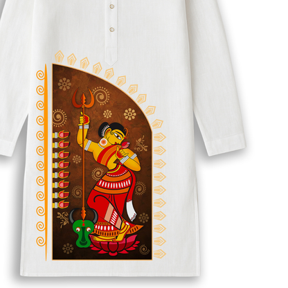 Mahishasurmardini Durga Puja Panjabi – Durga Slaying Mahishasura Folk Art Print on White Cotton Kurta for Men