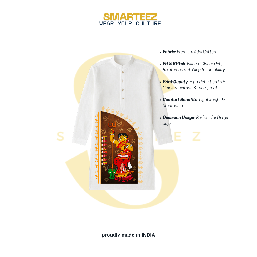Mahishasurmardini Durga Puja Panjabi – Durga Slaying Mahishasura Folk Art Print on White Cotton Kurta for Men