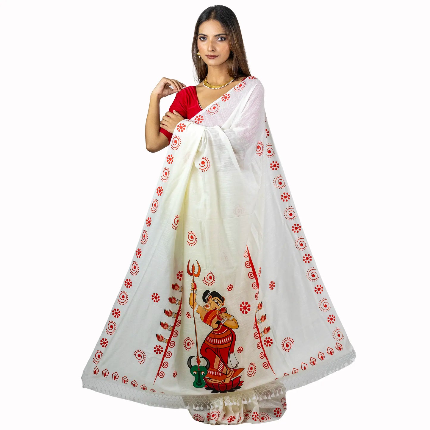 Mahishasurmardini Saree – Durga Slaying Mahishasura Folk Art Print with Red Alpona Border on White Khadi Cotton