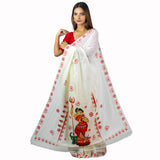 Mahishasurmardini Saree – Durga Slaying Mahishasura Folk Art Print with Red Alpona Border on White Khadi Cotton