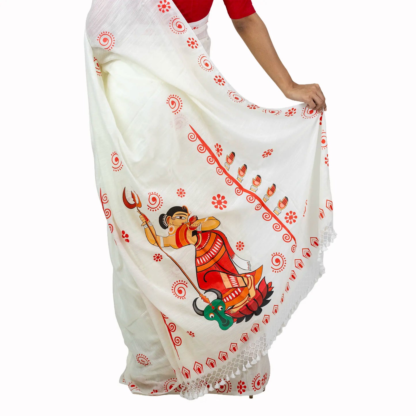 Mahishasurmardini Saree – Durga Slaying Mahishasura Folk Art Print with Red Alpona Border on White Khadi Cotton