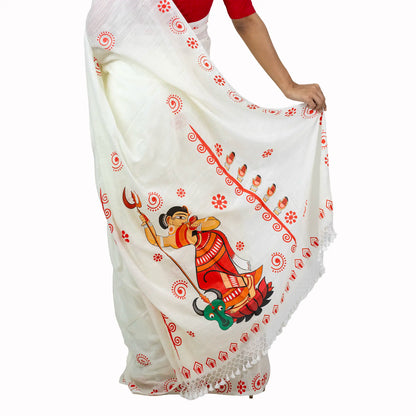 Mahishasurmardini Saree – Durga Slaying Mahishasura Folk Art Print with Red Alpona Border on White Khadi Cotton