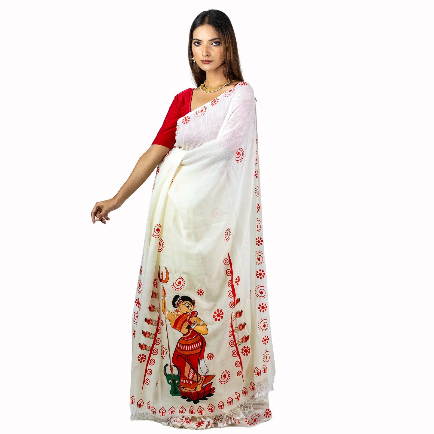 Mahishasurmardini Saree – Durga Slaying Mahishasura Folk Art Print with Red Alpona Border on White Khadi Cotton