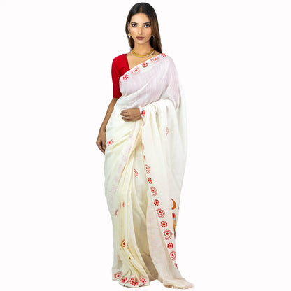 Mahishasurmardini Saree – Durga Slaying Mahishasura Folk Art Print with Red Alpona Border on White Khadi Cotton