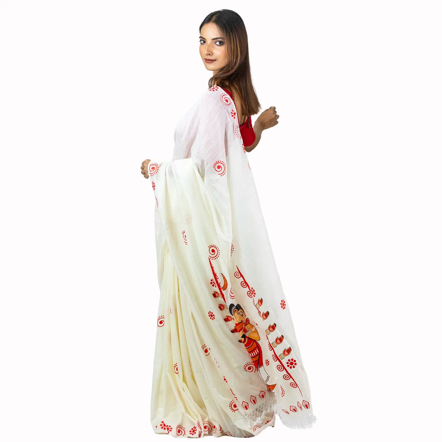 Mahishasurmardini Saree – Durga Slaying Mahishasura Folk Art Print with Red Alpona Border on White Khadi Cotton
