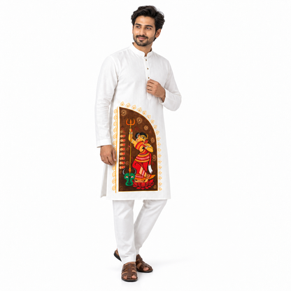 White cotton panjabi with Mahishasurmardini Durga folk art print on front placket panel, part of Durga Puja couple set