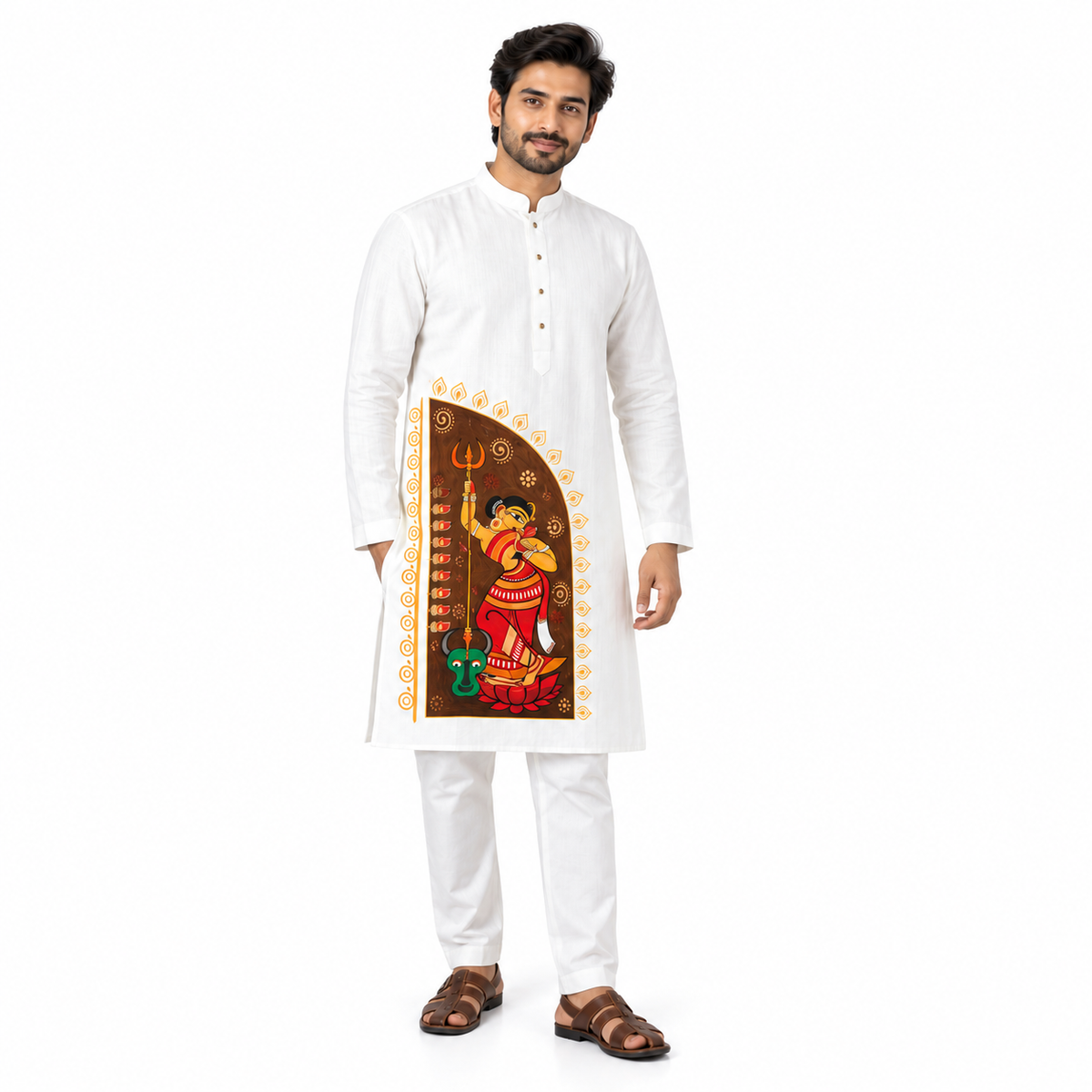 Mahishasurmardini Durga Puja Panjabi – Durga Slaying Mahishasura Folk Art Print on White Cotton Kurta for Men