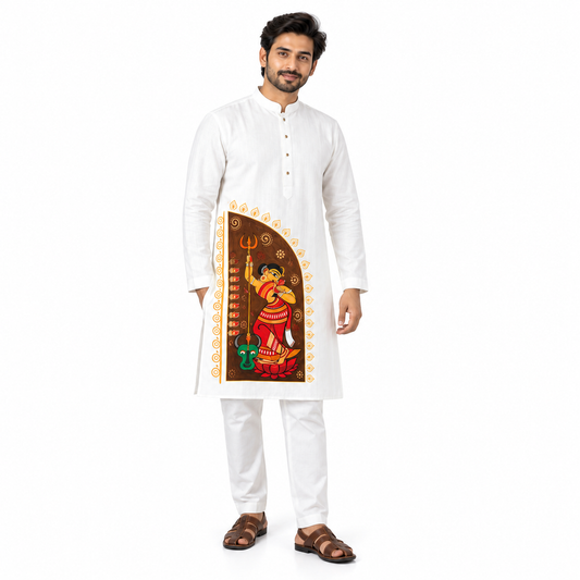 Mahishasurmardini Durga Puja Panjabi – Durga Slaying Mahishasura Folk Art Print on White Cotton Kurta for Men