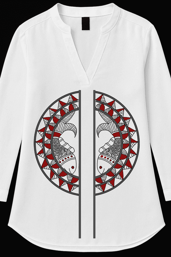 Twin Fish Kurti featuring mandala graphic art in red and black on white cotton fabric with a V-neck and three-quarter sleeves. Ideal for ethnic casual wear.