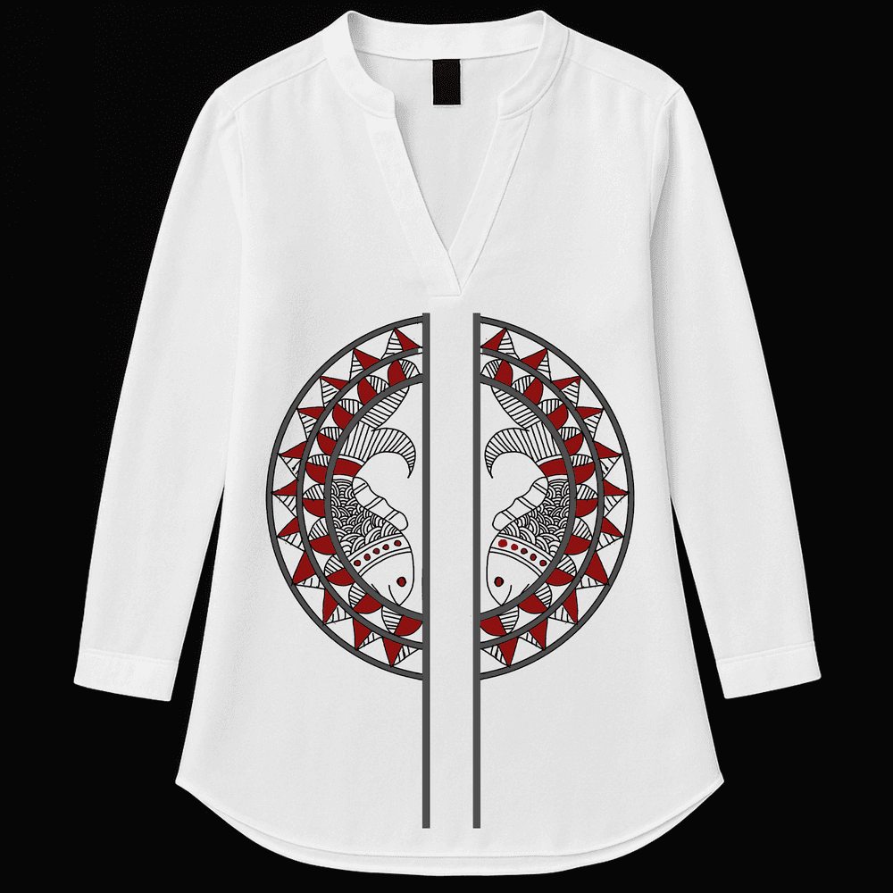 Twin Fish Kurti featuring mandala graphic art in red and black on white cotton fabric with a V-neck and three-quarter sleeves. Ideal for ethnic casual wear.