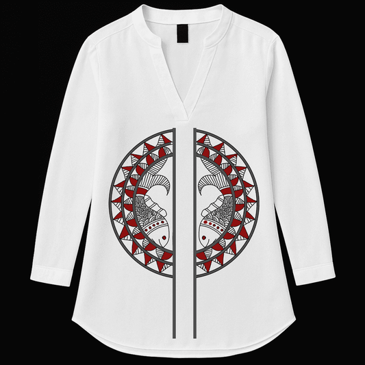 Twin Fish Kurti featuring mandala graphic art in red and black on white cotton fabric with a V-neck and three-quarter sleeves. Ideal for ethnic casual wear.