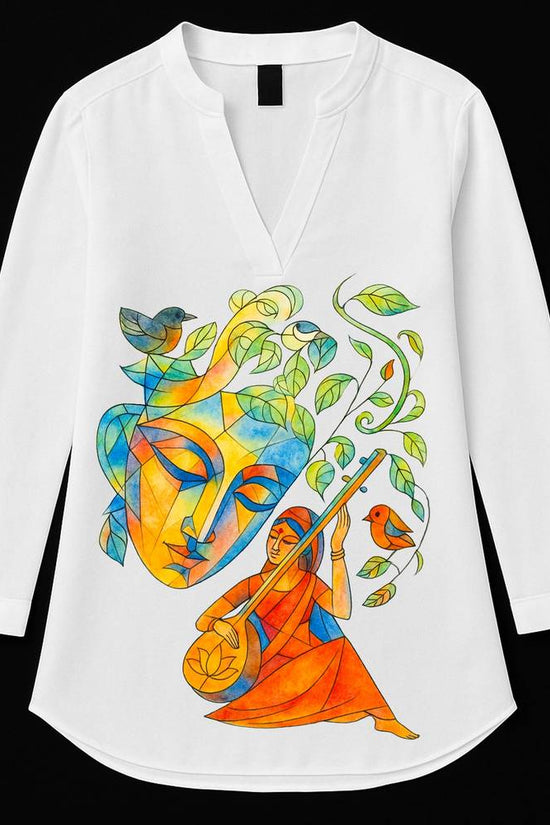 Meera Bai Cotton Kurti for women featuring vibrant artistic graphic of Meera Bai with veena on white 100% cotton fabric, ideal for casual wear.