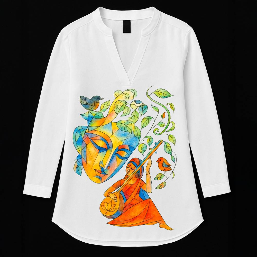 Meera Bai Cotton Kurti for women featuring vibrant artistic graphic of Meera Bai with veena on white 100% cotton fabric, ideal for casual wear.