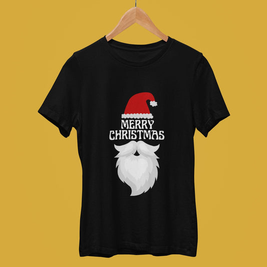 Black Merry Christmas Santa T-shirt with festive Santa hat and beard design, displayed on a hanger against a yellow background.