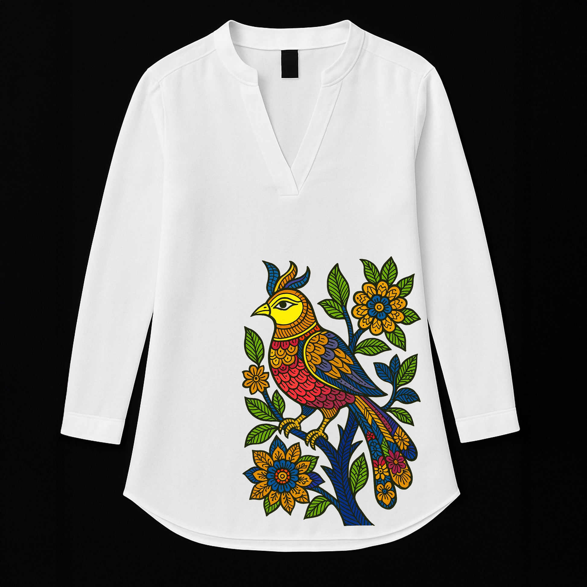 Moina Pakhi – Folk Art Inspired Printed Kurti for Women featuring vibrant Bengal bird motifs and floral patterns on a white tunic top. Ideal for festive wear.