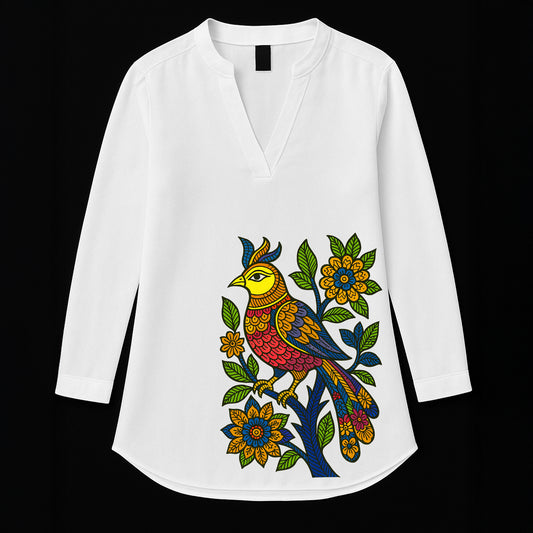 Moina Pakhi – Folk Art Inspired Printed Kurti for Women featuring vibrant Bengal bird motifs and floral patterns on a white tunic top. Ideal for festive wear.