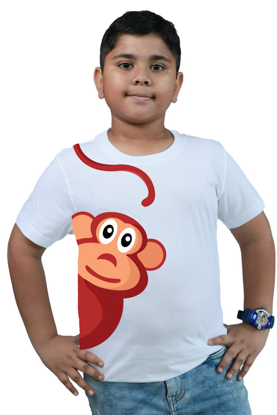 Buy 'Monkey' Bengali Naughty Kids TShirt for Boys - Soft & Safe. White cotton t-shirt featuring a playful monkey graphic, perfect for boys.