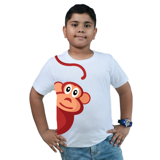 Buy 'Monkey' Bengali Naughty Kids TShirt for Boys - Soft & Safe. White cotton t-shirt featuring a playful monkey graphic, perfect for boys.