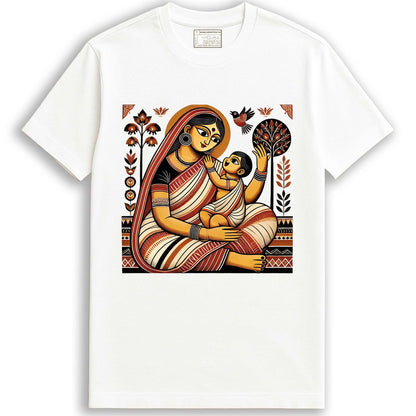 Patachitra T-Shirt - Jamini Roy Patachitra Art featuring a mother and child in traditional Bengali style on soft white cotton fabric.