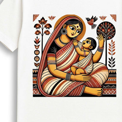 Close-up of Jamini Roy-inspired Patachitra design on T-shirt showing intricate mother and child artwork in earthy tones.