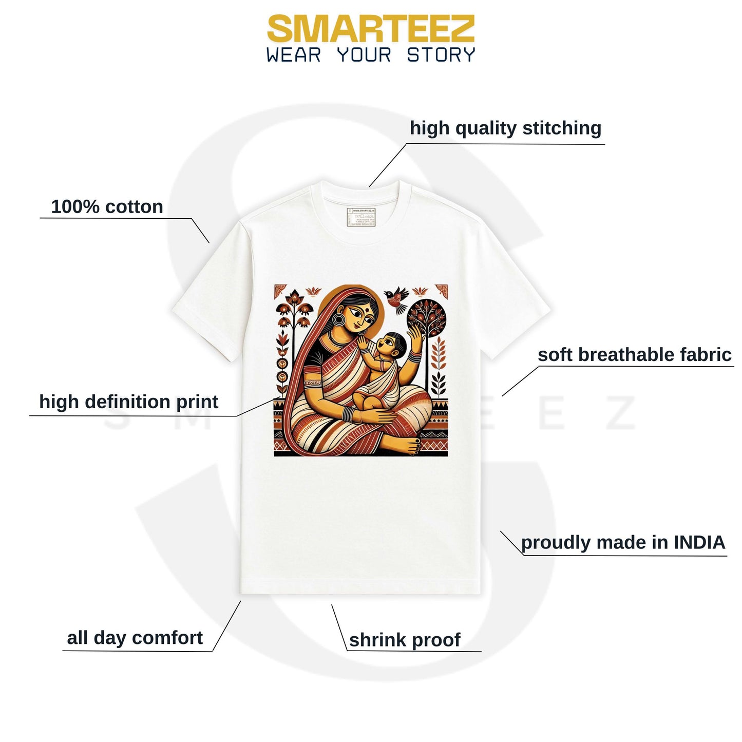 Patachitra T-Shirt with Jamini Roy art style, highlighting features like soft breathable fabric, high-definition print, and Indian craftsmanship.