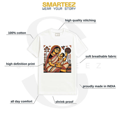Patachitra T-Shirt with Jamini Roy art style, highlighting features like soft breathable fabric, high-definition print, and Indian craftsmanship.