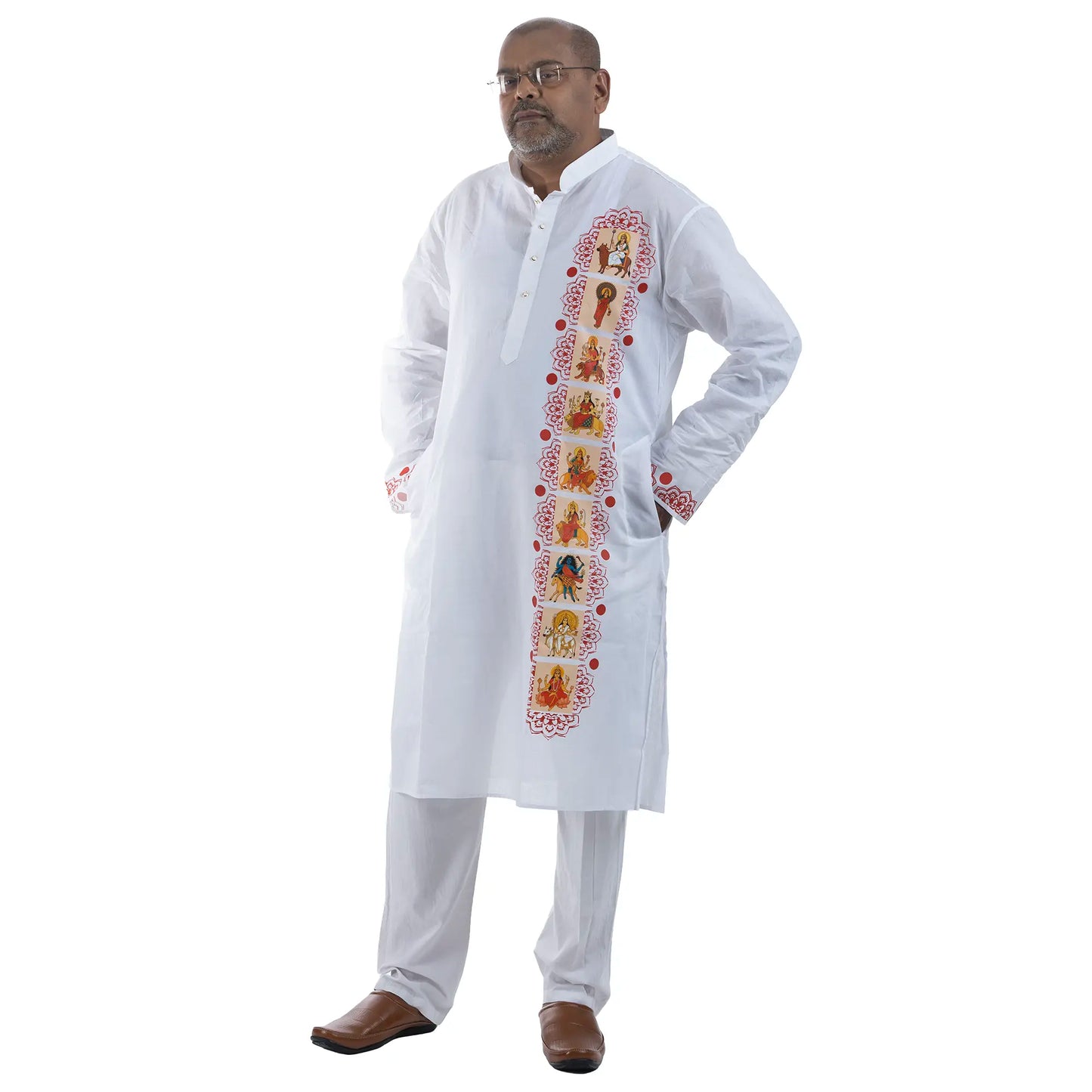 Man wearing Nabadurga Panjabi, white cotton kurta with nine forms of Durga printed down the placket, Durga Puja 2026