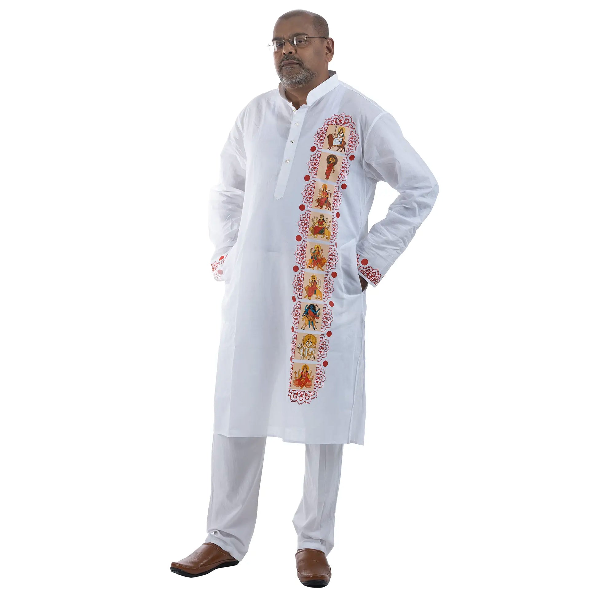 Man wearing Nabadurga Panjabi, white cotton kurta with nine forms of Durga printed down the placket, Durga Puja 2026