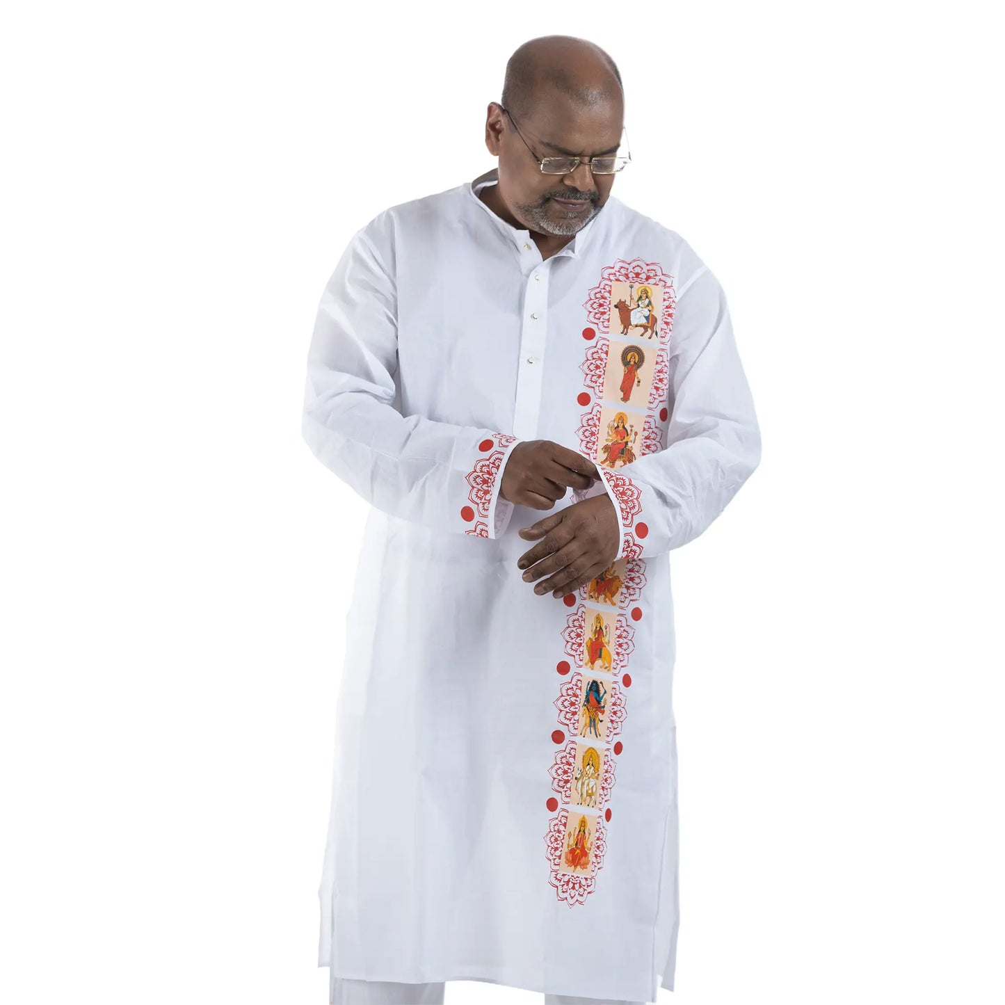 Close-up of Nabadurga Panjabi sleeve and placket showing hand-illustrated Durga forms with mandala border detail