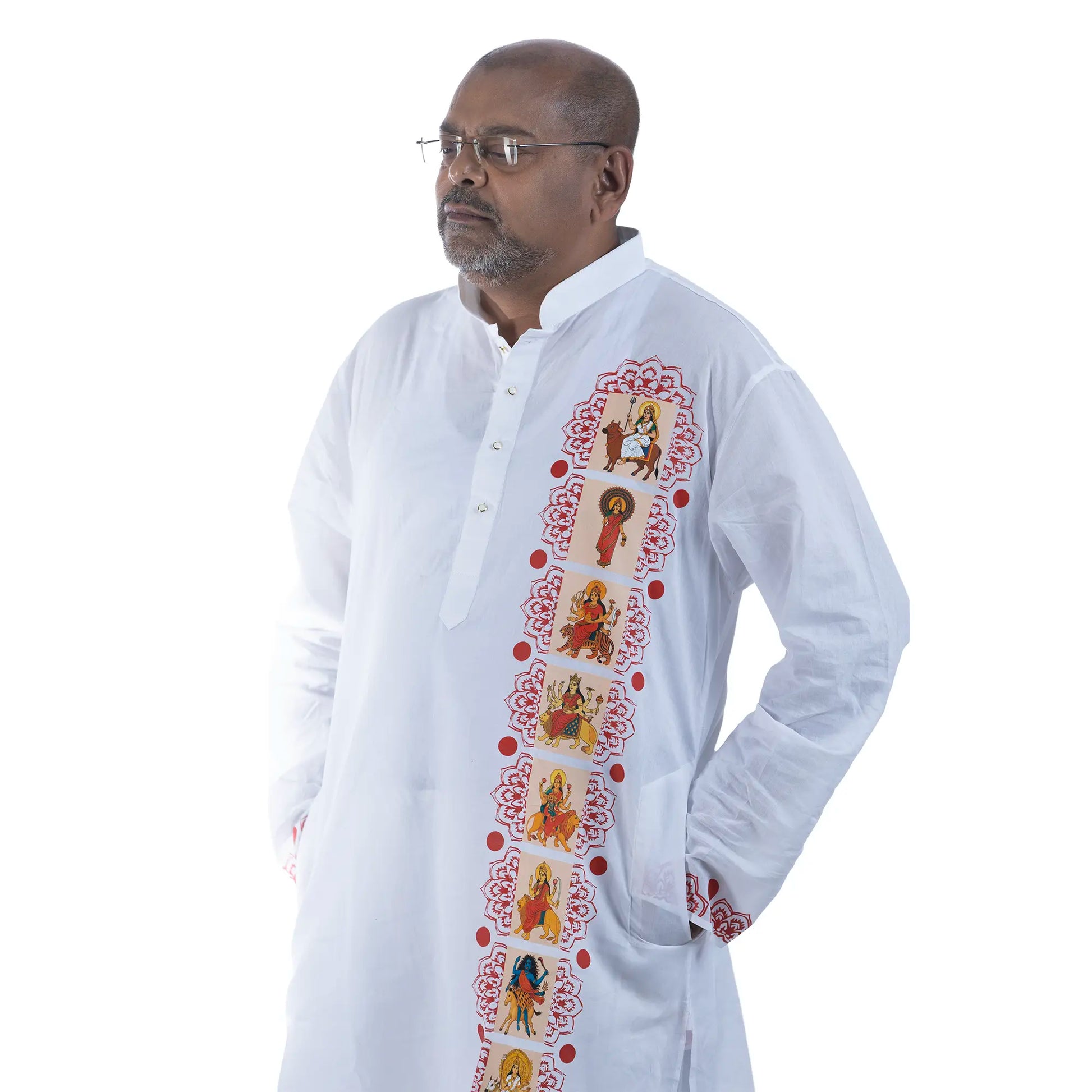 Full-length view of Nabadurga Panjabi worn with white pyjama, showing complete nine-panel Durga print from collar to hem