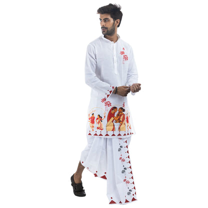 Durga Puja Nabami-Dashami panjabi for men, white cotton with dhunuchi dance and lotus print