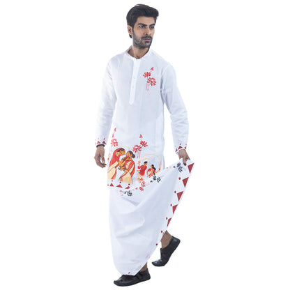 Durga Puja Nabami-Dashami panjabi with traditional Bengali dhuti, white cotton festive print