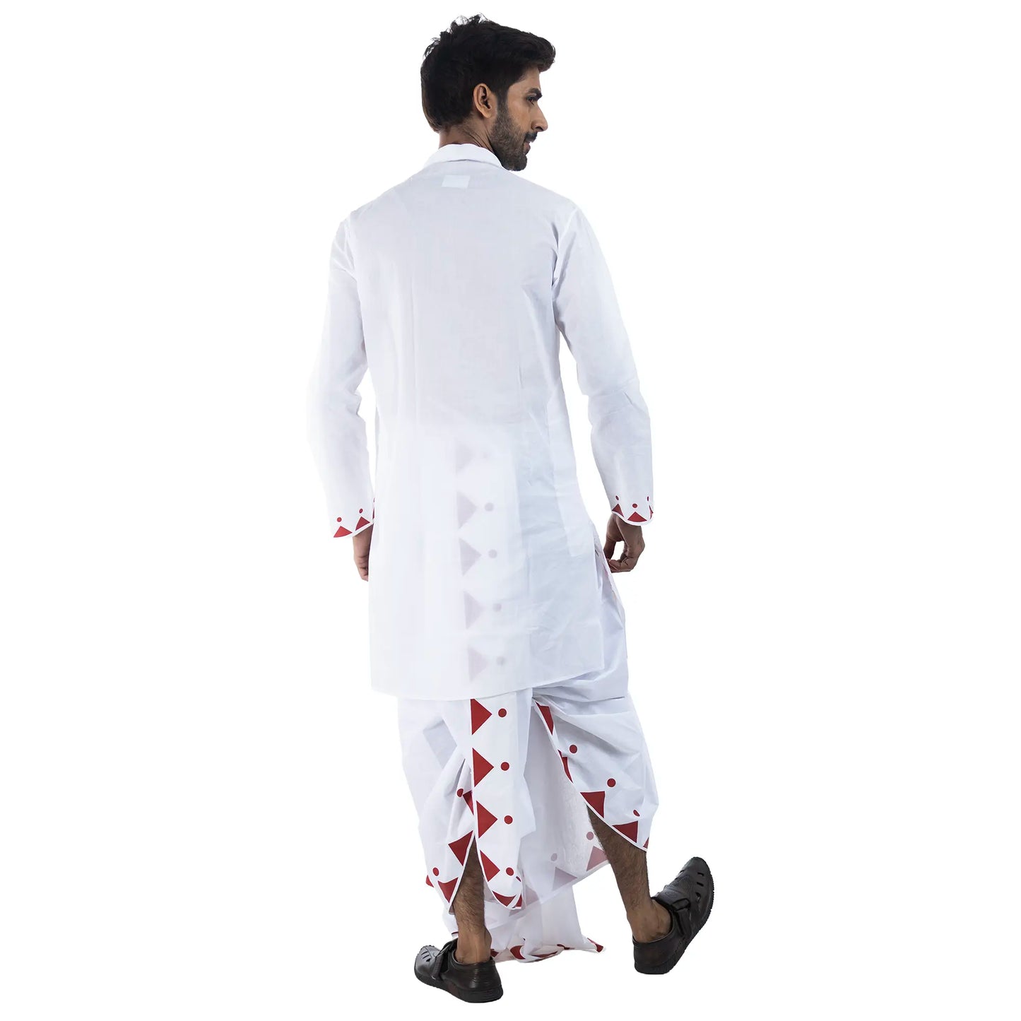 Durga Puja Nabami-Dashami panjabi side view, white cotton with dhunuchi dance print and lotus border