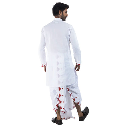 Durga Puja Nabami-Dashami panjabi side view, white cotton with dhunuchi dance print and lotus border